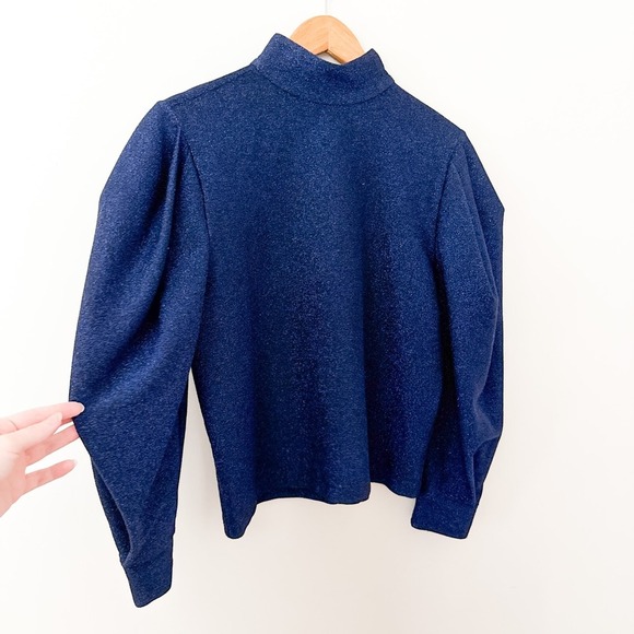 PatBO Womens Mock Neck Puff Sleeve Lurex Top Metallic Blue Size Small Glitter - Picture 3 of 10